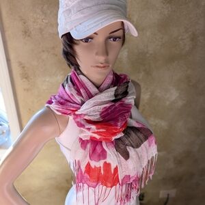 Flower Scarf 🌸 White Red Magenta Fuscia Pink Brown Cotton 24"W x 66"L Worn 1x